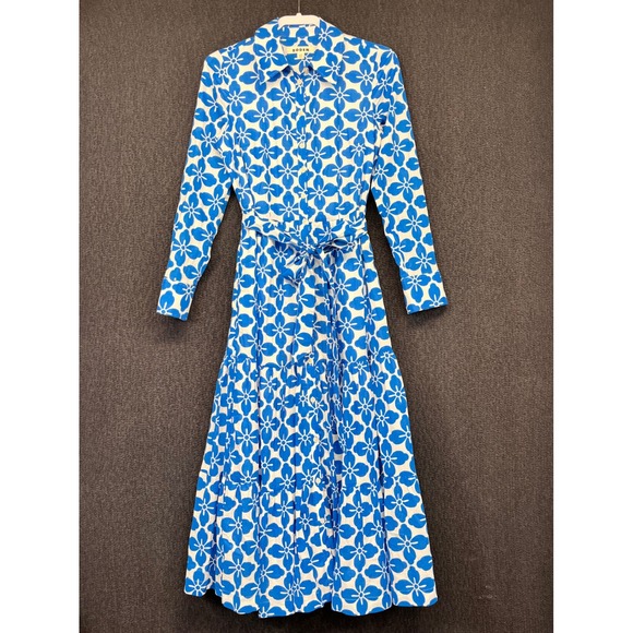 Boden Dresses & Skirts - Boden Blue White Floral Cotton Tiered Midi Shirt Dress Pockets US 2R D0468